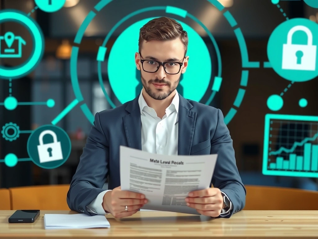 Uomo che legge documenti legali con uno sfondo digitale astratto che rappresenta la sicurezza dei dati.