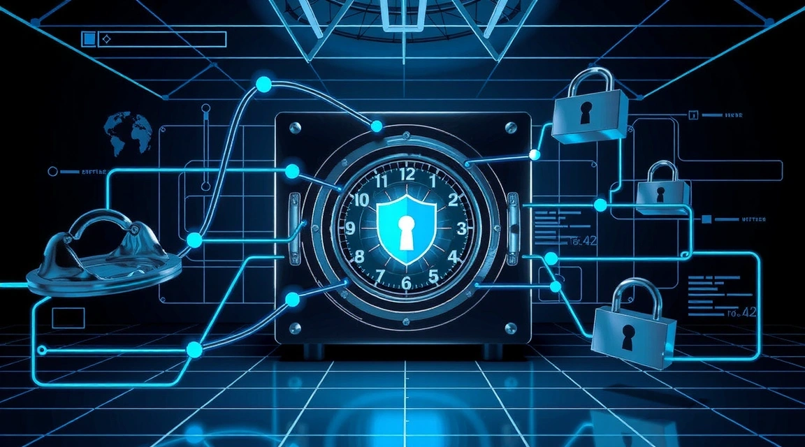 Rappresentazione di un caveau digitale sicuro, con firewall e crittografia che proteggono i dati sensibili.