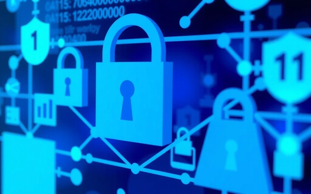 Rappresentazione visiva della protezione dei dati personali, con icone di lucchetti e scudi che circondano dati digitali su uno sfondo blu sfocato.